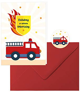 Feuerwehr-Geburtstag: 10 zauberhafte Einladungs-Klappkarten zum Kindergeburtstag im tollen Feuerwehr-Design mit roten Umschlägen, dazu 10 runde Aufkleber mit der kleinen Feuerwehr