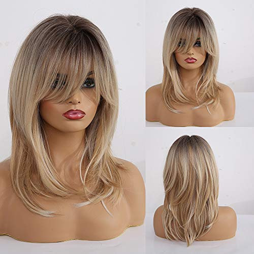 HAIRCUBE Lange lockige blonde Perücken Schulterlange synthetische Perücken für Frauen mit Pony 18 Zoll dunkle Wurzel Hellblonde Haarperücken für weiße Frauen Mädchen