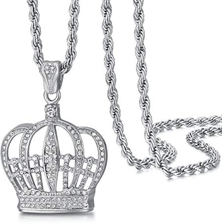 ROWIN&CO Mens Silver Iced Out King Crown Necklace, Stainless Steel Hip hop Jewelry, Ice Bling Royal Crown Charm Pendant with 24 Chain for Men & Women, Includes Gift Box.