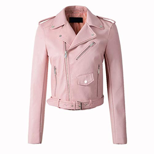 LucaSng Femme Veste Simili Cuir Femme Motard Style Zipper Manteau, Veste Courte Elegante De Style Moto pour Femmes, Blouson Faux Cuir Manches Longues (Rose, S)
