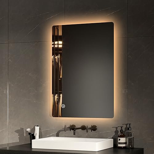 EMKE Badspiegel mit Beleuchtung 50x70cm Badezimmerspiegel mit 3 Lichtfarbe Dimmbar Wandspiegel, Touch, beschlagfrei, 3 Stunden automatische Abschaltung
