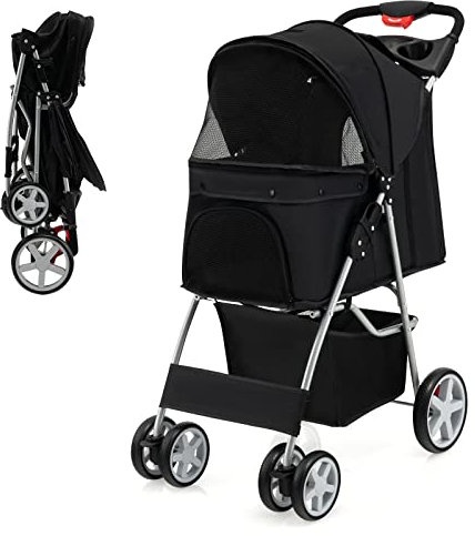 COSTWAY Folding Pet Stroller, 4 Lockable Wheels Dog Travel Pushchair Cat Buggy with Safety Belt, Adjustable Canopy, Cup Holder & Storage Basket, Dogs Cats Prams for Small Medium Pets (Black)