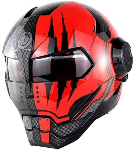 KILCVEM Motorbike Helmets, Full Face Touring Motorcycle Helmet Harley Vintage Helmet Iron Man Flip-Up Helmet with Glove, Balaclava, Locomotive Riding Backpack, Elastic Net,Shiny red- L: 59~60cm