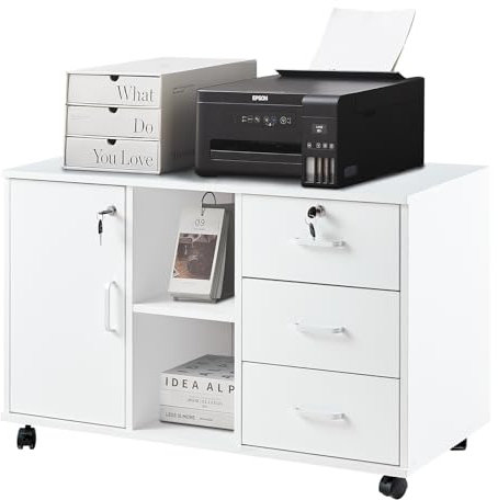 TUKAILAi Caisson de Bureau à 3 Tiroirs Verrouillables, Support Imprimante Mobile avec roulettes, Armoires de Rangement avec Étagères Ouvertes pour Format A4 Style Industriel Montage Facile (Blanc)