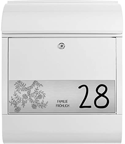 banjado® Briefkasten personalisiert mit graviertem Namensschild in Silber/Briefkasten weiß 39x47x14cm / Briefkasten mit Hausnummer, Namen & Motiv Rankenornament/Briefkasten mit Zeitungsfach