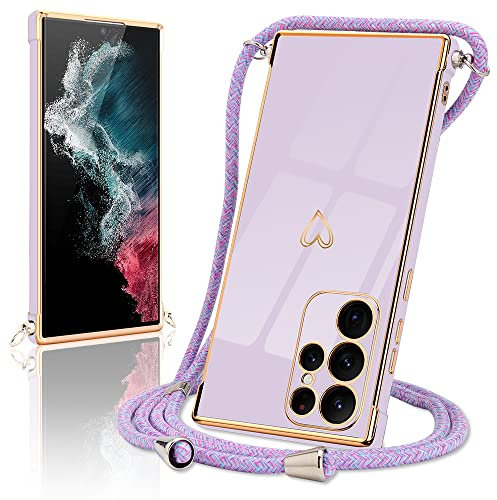 Micoden Handykette kompatibel mit Samsung Galaxy S22 Ultra 5G hülle Ultra dünn Kameraschutz Herz Love Design Galvanik TPU Silikon Bumper Kordel zum Umhängen Handyhülle mit Band Schutzhülle,Lila