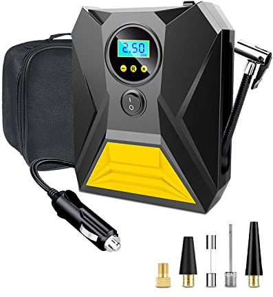 Gemokrt Gonfleur Pneus Voiture, 12V Compresseur À Air Portatif avec Fonction Mémoire, 3 Adaptateurs de Buses, Gonflage Rapide Compresseur pour Vélo
