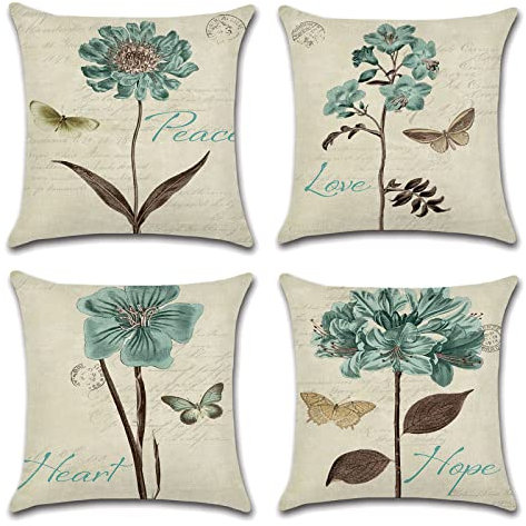 OCEUMACO Leinen Kissenbezug 40x40 Vintage Blumen Kissenhülle 4er Set Quadratisch Sofakissen Dekokissen Bezug für Couch Muster Kissen Kissenbezüge Outdoor Deko Couchkissen Zierkissen - Grün