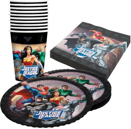 Party Factory `Justice League´ 40-teiliges Party Set mit 10 Bechern 250ml, 10 Tellern Ø 23cm und 20 Servietten 33x33cm, Partygeschirr für Geburtstag und Mottoparty