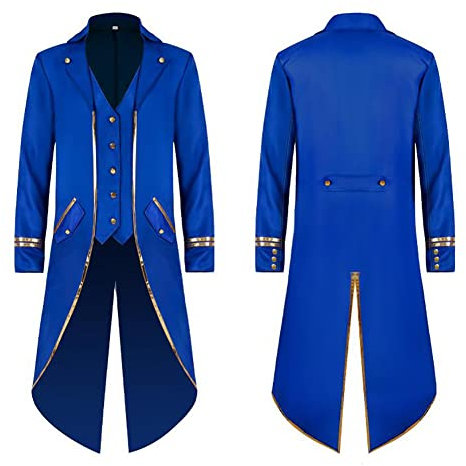 FYMNSI Herren Gothic Steampunk Frack Mantel M?nner Langes Smoking Mittelalter Viktorianischen Retro Jacke mit Waistcoat Uniform Karneval Fasching Halloween Kost?m Party Cosplay 2# Blau L