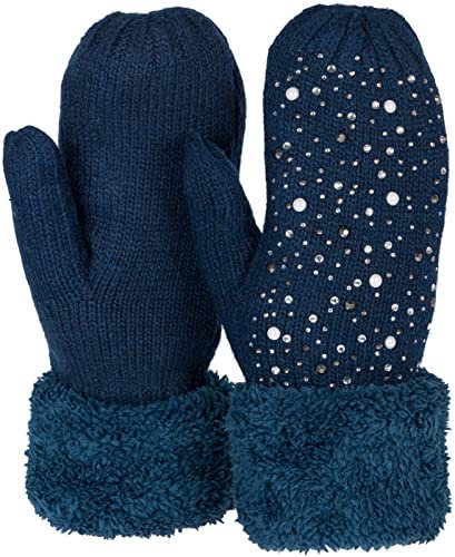 styleBREAKER Damen warme Winter Strick Fäustlinge mit Strass und Perlen, Handschuhe, Thermo Fleece, Strickhandschuhe 09010039, Farbe:Dunkelblau