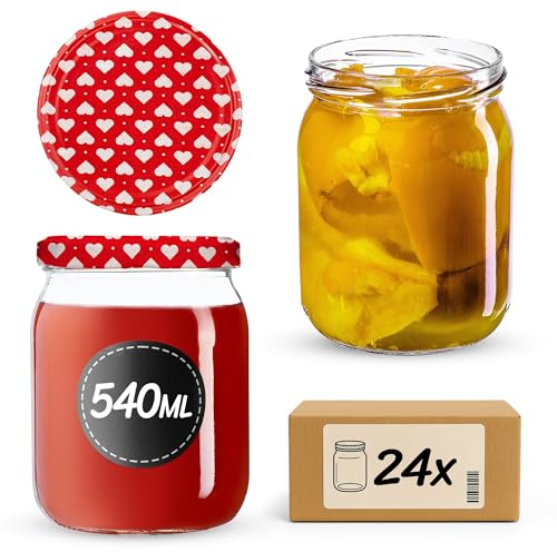 KADAX 24er Set Einmachgläser 540ml TO82 Herz, Sturzgläser Mason Jar mit Schraubdeckel, Luftdichte Twist-Off Gläser, Meal Prep, Overnight Oats, Sauerteig