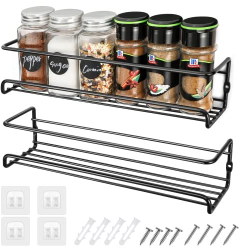 Miiepls 2er Set Gewürzregal, Gewürzregal Wand Metall Ohne Bohren mit 4 Selbstklebende Haken und Schrauben, Spice Rack für Küche Schranktür, Schwarz