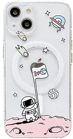 AMART für iPhone 14 Hülle [mit MagSafe], Durchsichtig HandyHülle mit Astronaut Planet Stern Muster Hülle Transparent Klar Ultra Dünn Weich TPU mit Motiv Stoßfeste Schutzhülle für iPhone 14(Moon)