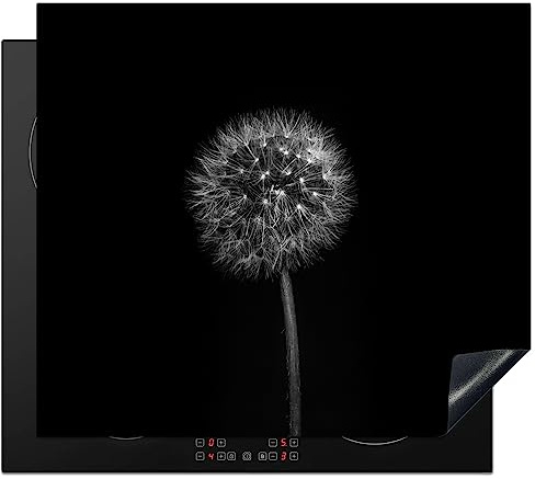 KitchenYeah© Induction Hob Protector Mat Stove Cap Top Cover Kitchen Cooker | 20.1x23.2 / 59x51 cm - Covers for Electric Hobs Vinyl Dandelion - Black - Floral - Botanical