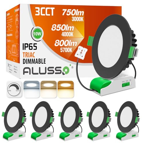 ALUSSO Faretti LED da Incasso Per Cartongesso Dimmerabili con Trasformatore, 10W 850LM, IP65, AC 220-240V, 3000K 4000K 5700K Regolabile, Nero, Set da 6