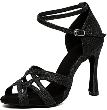 LITNERMIA Scarpe da ballo da donna con cinturino alla caviglia glitterato per matrimonio sociale sandali, Al507 Nero Tacco 10cm, 39 EU