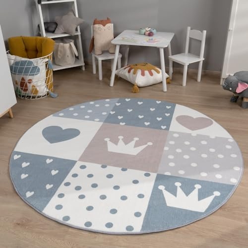 TT Home Kinderzimmerteppich Teppich Junge Mädchen Kinderteppich Baby Herzen Pastell, Farbe:Grau Creme, Größe:120 cm Rund