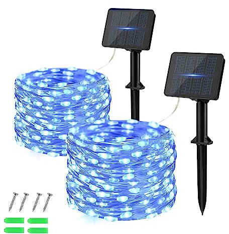 Dalugo Bleu Lumiere Solaire Exterieur, 5M 50 LED Solaire Extérieur Fil de Cuivre 8 Modes Étanche Guirlande Solaire Exterieur pour le jardin, l'arbre, le mariage, Noël (Lot de 2)
