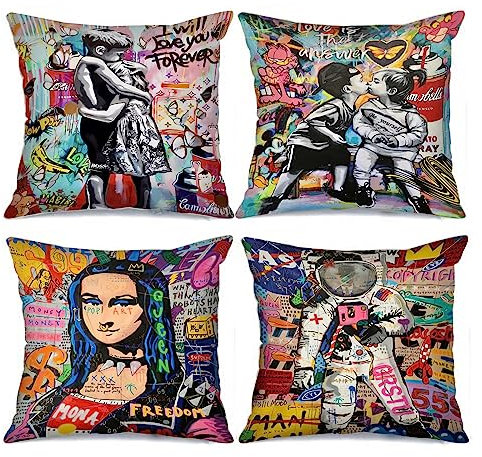 Banksy Street Graffiti Hugs Picture Cushion Covers Mona Lisa Pillow Covers Decorative 18x18inch Set of 4 Astronaut Pillow Covers Little Boy and Girl Kiss Throw Pillow Cases for Sofa Living Room