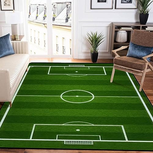 TEMLAN Grüner Fußballplatz Teppiche Gegend, Fußballsport Schlafzimmer Kurzflor für Wohnzimmer, Schlafzimmer, Esszimmer Badezimmer Küche Flur Läufer 140 x 200cm