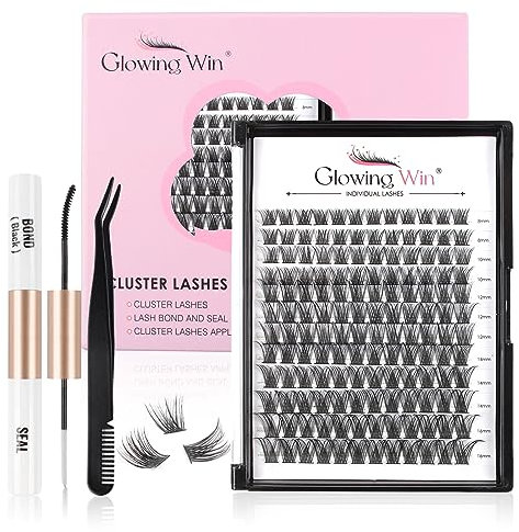 Glowing Win Faux Cils Individuel Kit Extension Cils Extension de Cils Professionnel Naturel Cluster Lashes Avec Applicateur, Bond&Seal 8-16mm 144 Grappes DIY Cils Individual Eyelashes Volume Russe