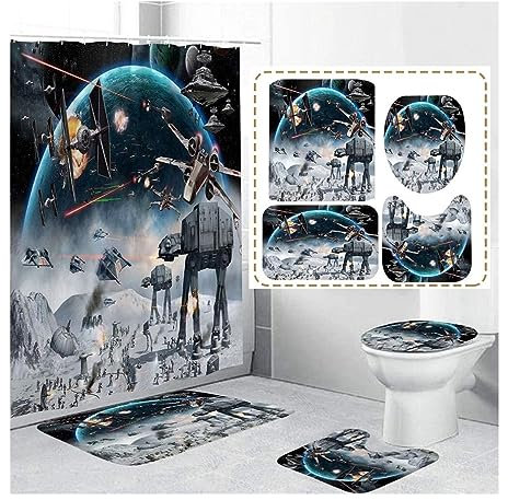 Derozeng Duschvorhang-Set, 4-teilig, 183 x 183 cm, Sterne, Wissenschaft, Raumstation, Badezimmer-Dekor-Sets, rutschfeste U-förmige Matte, WC-Deckel, Teppich, Badematte mit 12 Haken
