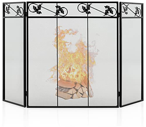 COSTWAY 3 PCS Folding Iron Fire Panel, Spark Flame Barrier with Leaves Decoration, Wide Metal Mesh Safety Fire Place Guard for Wood and Coal Firing, Stoves, Grills (Leaf Pattern, 127x76cm)