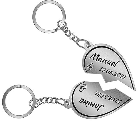 Urhome geteiltes Herz Schlüsselanhänger personalisiert mit Gravur 2er Set - Edelstahl Pärchen Anhänger 2 Herzhälften - Schlüsselbund für Partner Mann Partnerin Frau Mama Freundin Freund Paare
