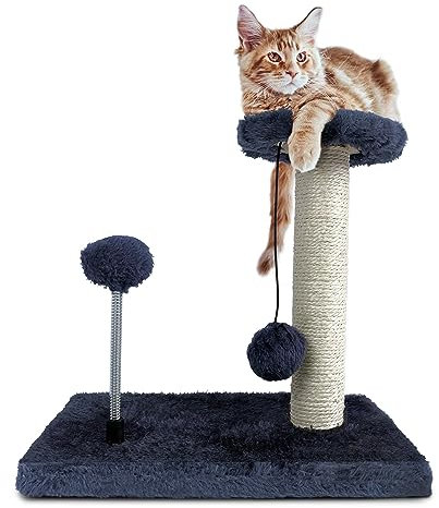 TIENDA EURASIA - Arbol para Gato, con Poste Rascador de Sisal, Base Rectangular, 30x20x28cm, Bola de Felpa Resorte y Bola Colgante, Gris Antracita, Juguete para Gatos