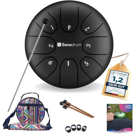 Sonodrum Zungentrommel Standard C - Dur in Schwarz - 14 cm klein mit 8 Tönen - Steel Tongue Drum inkl. Liederbuch, Schlägel, Fingersticks und Tragetasche - Notenlesen nicht nötig, einfach zu spielen
