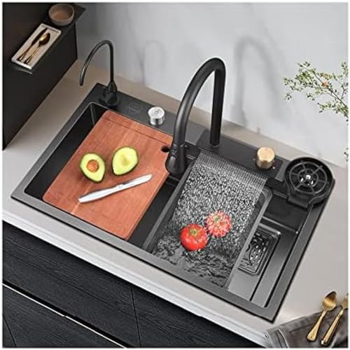 Lavello A Cascata Nano Nero con Lavatrice per Tazze in Vetro per Postazione di Lavoro Lavello da Cucina Farmhouse con Rubinetto Estraibile Combo Lavello da Bar A Vasca Singola in Acciaio Inossidab