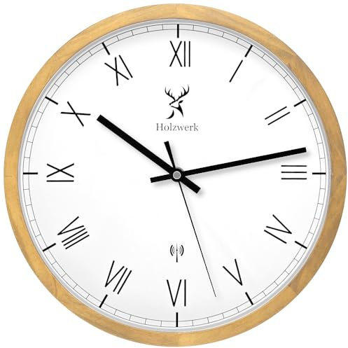 Holzwerk Germany Natur Holz Funkwanduhr Funk Wanduhr Holz-Uhr Vintage Funkuhr lautloses Uhrwerk ohne Tickgeräusche römische Ziffern Braun Weiß Buche lautlos Massivholz Natur Holz 30 cm