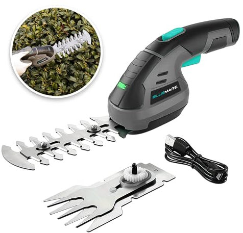 Bluemars 7.2V 2-in-1 Cordless Hedge Trimmer & Grass Shear with Rechargeable 2000mAh Lithium-Ion Battery, Handheld Garden Pruner with 2 Blades, For Lawn, Shrub, and Garden Edging