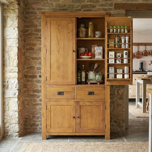 The Furniture Market Rustic Oak Large Kitchen Pantry Cupboard – Solid Wood Storage Unit with Adjustable Shelves & Drawers – Fully Assembled, Heavy-Duty Larder Cabinet - H 1900 x W 1070 x D 560mm