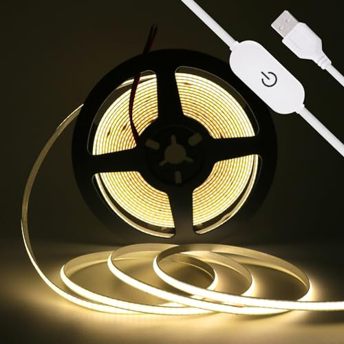 HEGEHE - Striscia LED COB Flessibile 5V Dimmerabile [1M,bianco caldo (3000-3500k)],Alimentazione USB,320 LED/m,Tagliabile,CRI85+,Ideale per Camera da Letto,Cucina,Sala Giochi,Soggiorno e Negozi