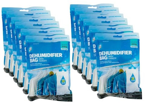 12X Wardrobe Hanging Dehumidifier Bags for Damp, Mildew, Mold Prevention - Moisture Absorber Ideal for Small Spaces, Bedroom, Garage, Kitchen, Office, Caravan