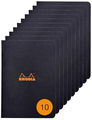 Rhodia 119183Cpack - Un lot de 10 Carnets Piqués Black - A5 - Petits Carreaux - 96 pages - Papier Clairefontaine Blanc 80 g/m² - Couverture en Carte Enduite Souple, Résistante et Imperméable