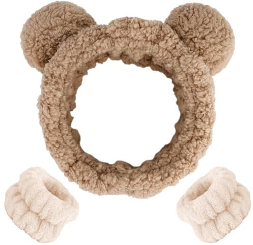 Haarband Schminken Plüsch Bären Ohren Gesicht Waschen Haarbänder Make up Stirnband mit Handgelenk Waschband,Haarband zum Abschminken Dusche Spa, Geburtstagsgeschenke für Frauen (Khaki)