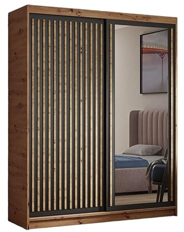 Margaret Hadas24 Kleiderschrank Dora mit Lamellen und Spiegel, Organizer, Mehrzweckschrank, Schwebetürenschrank, Garderobenschrank, Kleiderstange, Kleiderständer, Schrank, 120 cm, braun, schwarz