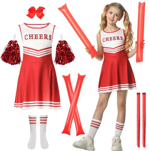 JONRRYIN Cheerleader Kostüm Kinder, Cheerleadering Outfit Mädchen, Cheerleading Uniform Kleid mit Pompoms, Socken und Kopfschmuck, Schulkind Cheer Kostüm Outfit für Karneval Halloween (Rosa, 140cm)