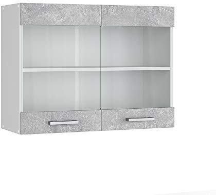 Vicco Hängeschrank R-Line, Wandhängeschrank, Beton/Weiß, 80 cm mit Glastüren