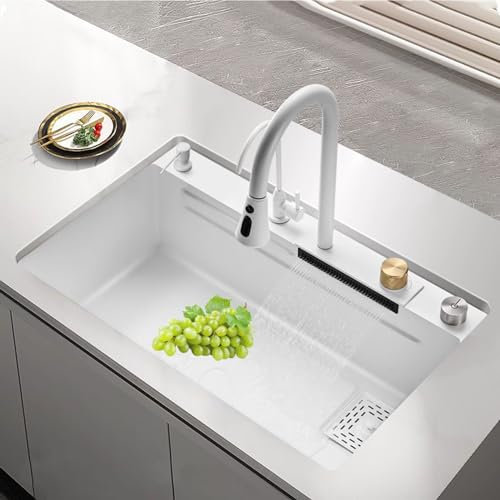 Fregadero de cocina blanco Fregadero de acero inoxidable Fregadero para el hogar Fregadero de cocina de una estación de trabajo con grifo extraíble y varios accesorios (Blanco,80 * 45 * 22CM)