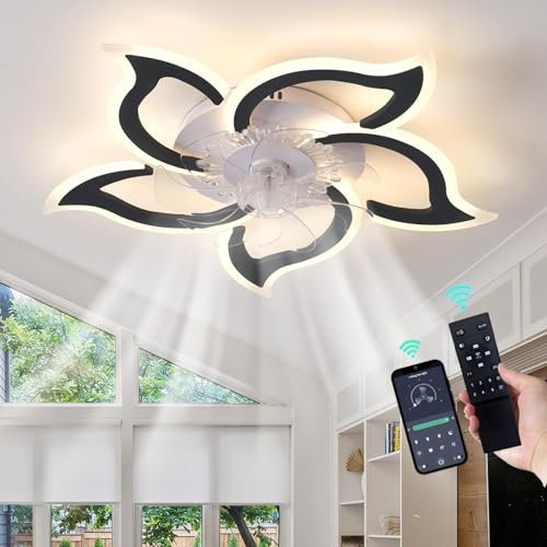 Luyaim Forma De Flor Moderna Lámpara Ventilador Techo Motor DC, Silencioso Blanco 6 Velocidades Ventilador De Techo Con Luz Y Mando A Distancia Para Dormitorio Salón LED 5 Luces-White