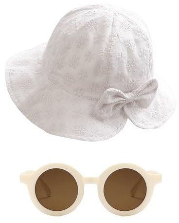 ZGDEIWGF 1 sombrero de sol para niños pequeños, 1 gafas de sol, sombrero de sol con lazo para niñas, sombrero de pescador para niños pequeños, gorro plegable para bebé., Blanco, Talla única