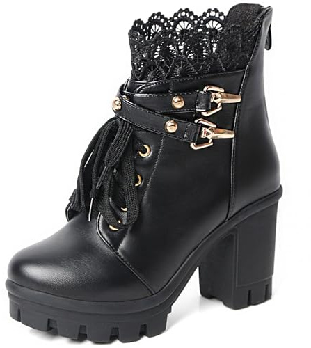 MEOTINA Women Platform Boots Black Chunky Heel Ankle Booties Lace Buckle Combat Boots with Zipper High Heel Goth Shoes