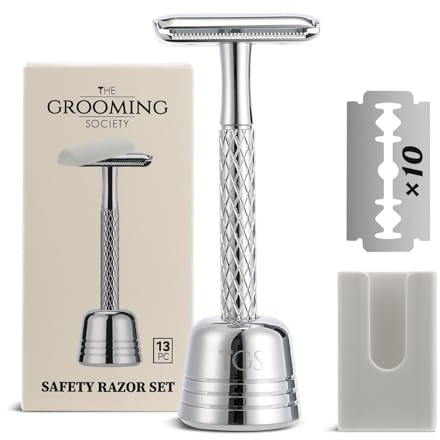 THE GROOMING SOCIETY Doppelschneidiger Rasierhobel mit Ständer und Abdeckung für Herren, Einzelklingen-Rasierhobel mit verchromtem Griff, 10 Klingen, Metall, umweltfreundlich, wiederverwendbar,