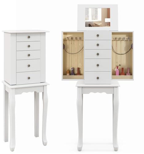 COSTWAY Freestanding Jewellery Cabinet, Wooden Jewelry Armoire with Flip Up Mirror, Top Compartment, 2 Side Doors and 4 Drawers, Bedroom Floor Makeup Jewellery Organiser Storage Chest Box, White