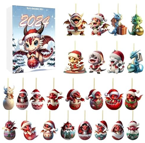 Weihnachten Dinosaurier Adventskalender 2024, 24 Tage Weihnachten Countdown Kalender mit 2D Drachen Baby Puppen, Drachen Anhänger Weihnachten Ornament für Kinder