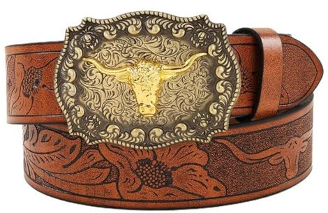 MOWUVAI Herren-Western-Cowboy-Gürtel: PU-Leder-Breitgürtel mit Western-Floral-Gravur, 110 cm, geeignet für Cowboy/Cowgirl